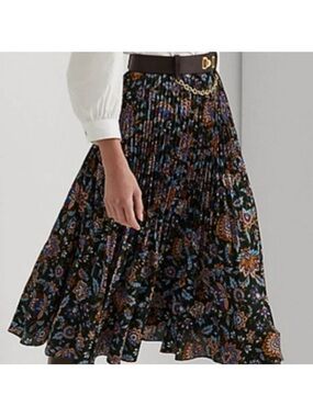 EUC Lauren Ralph Lauren Ascot-Print Pleated Georgette Midi Skirt